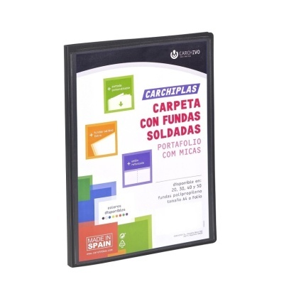 Pasta preta para documentos com capa personalizável e texto em espanhol.