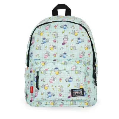 Mochila azul clara com padrão de quadrícula e desenhos animados coloridos