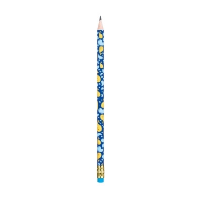 Lápis azul com padrão de balões e borracha azul