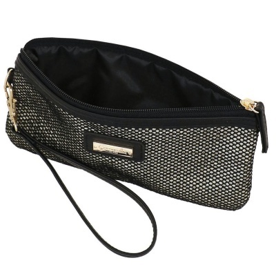 Bolsa de mão pequena com padrão de malha preta e bege