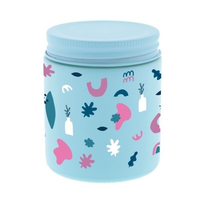 Pote azul claro com padrão abstrato colorido e tampa de rosca