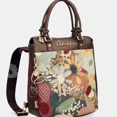 Mala castanha Anekke com padrão floral colorido e alças trançadas