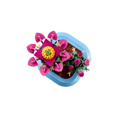 Modelo de brinquedo de vasos com flores rosa, verdes, amarelas e base azul clara em plástico.