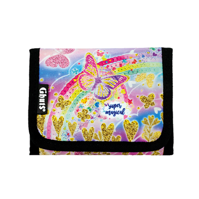 Carteira colorida com borboletas, corações dourados e arco-íris