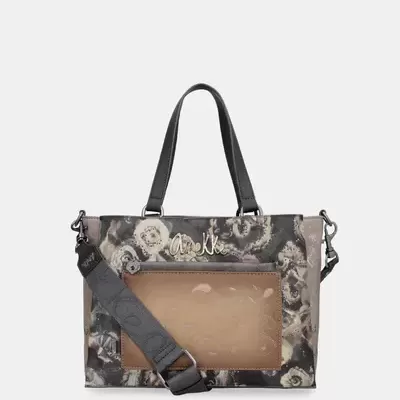 Mala de mão floral cinzento e bege com alças pretas e bolso transparente castanho