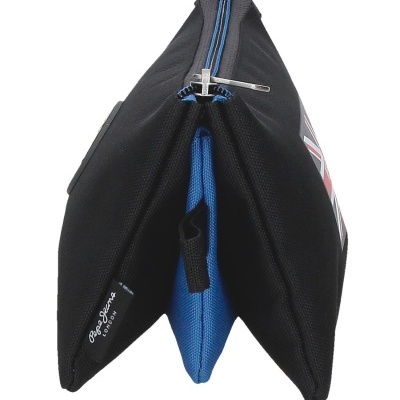 Estojo preto com interior azul e fecho de correr metálico