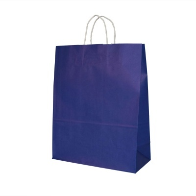 Saco de papel azul escuro com alças brancas