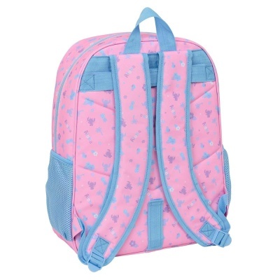 Mochila cor de rosa com alças azuis e padrão Aloha