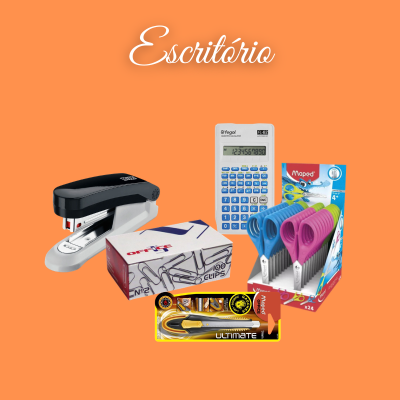 Material de escritório com agrafador, clips, calculadora, tesouras coloridas e estilete em fundo laranja
