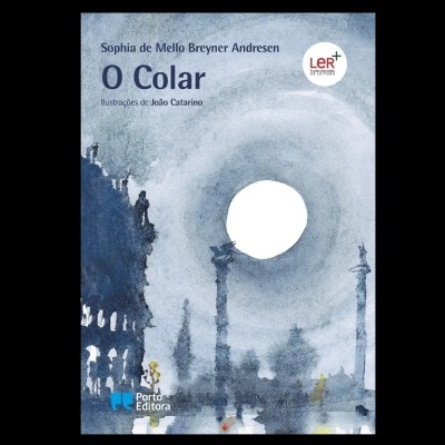Capa do livro 'O Colar' com ilustrações e paisagem urbana abstrata em tons azuis e cinzentos.