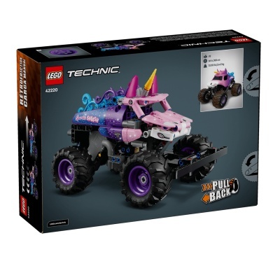 Caixa do LEGO Technic 42220 com modelo de carro unicórnio em roxo e rosa