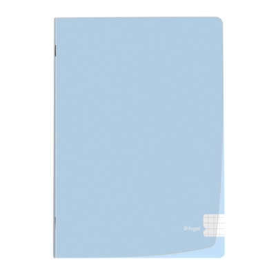 Caderno azul claro com etiqueta branca