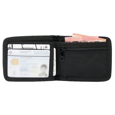 Carteira preta de tecido aberta com cartões e notas visíveis