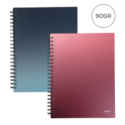 Dois cadernos espiralados com capas em gradiente azul e vermelho, com texto fegol e 90GR.