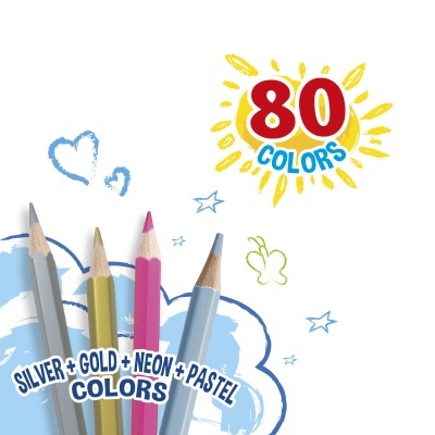 Quatro lápis de cor em tons variados com textos promocionais e desenhos coloridos ao fundo.