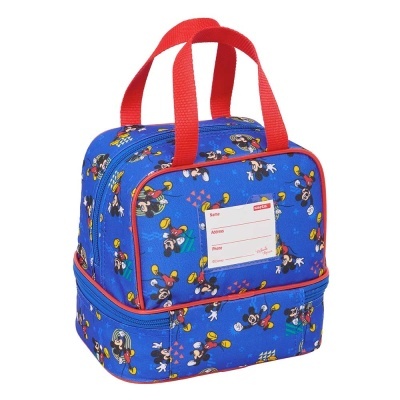 Mochila azul com padrão de Mickey Mouse e alças vermelhas