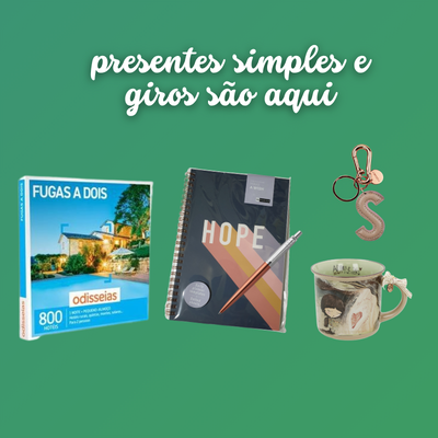 Produtos para presentes: jogo Fugas a Dois, caderno HOPE, chaveiro S e caneca ilustrada