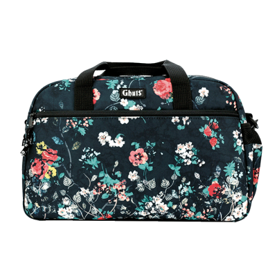 Mala azul escura com padrão floral colorido e alças pretas