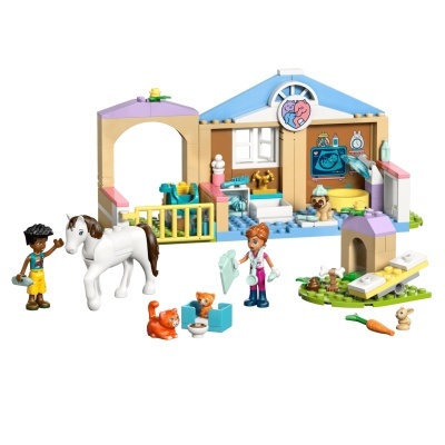 Brinquedo de blocos de montar cenário veterinário com figuras humanas, cavalo, gatos, cão e acessórios