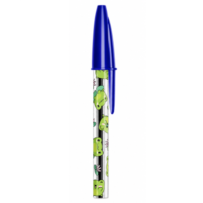 Caneta esferográfica com tampa azul e corpo decorado com rãs verdes e flores.