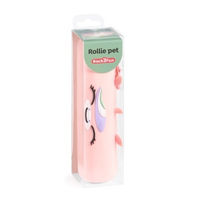 Estojo escolar rosa em silicone decorado com olhos coloridos na embalagem transparente