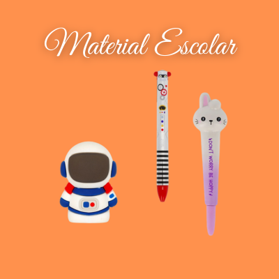 Material Escolar com apagador astronauta e duas canetas decoradas astronauta e coelho