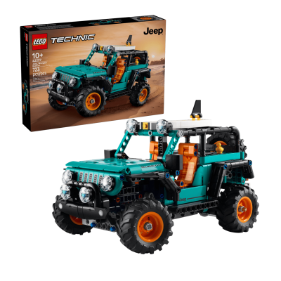 Caixa e modelo LEGO TECHNIC Jeep Wrangler Rubicon azul, laranja e preto