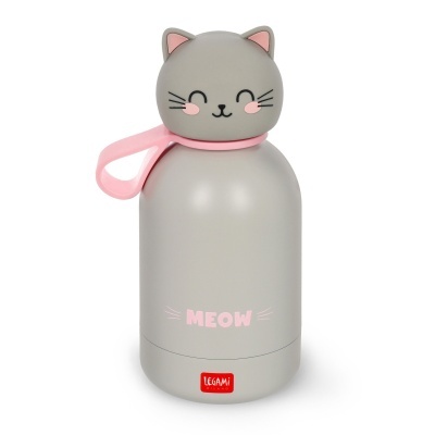 Garrafa térmica cinzenta com tampa em forma de cabeça de gato com detalhes rosa