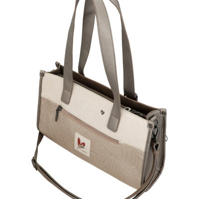 Mala de senhora bege com detalhes castanhos e bolso exterior com zipper