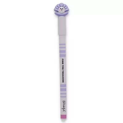 Caneta roxa com topo de concha sorridente e texto FIND THE TREASURE