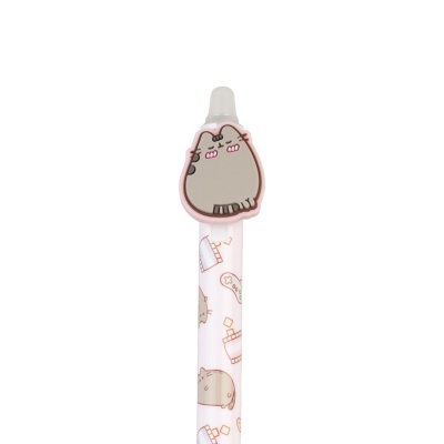 Caneta branca com padrão de gatos cinzentos e clipe de gato cinzento no topo