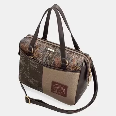 Mala de mão em patchwork castanho e bege com alças castanhas