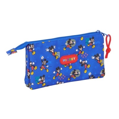 Estojo azul com padrão do Mickey Mouse e texto MICKEY