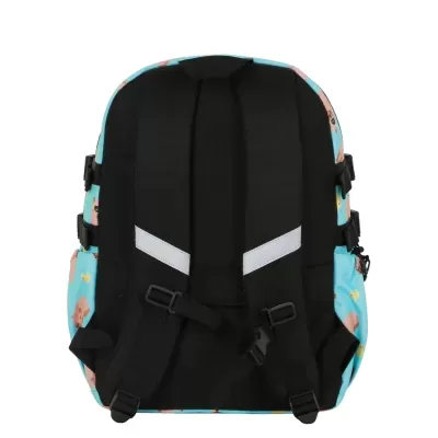 Mochila azul clara com alças pretas acolchoadas e padrão de desenhos