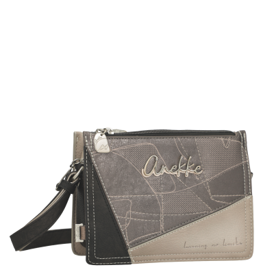 Carteira Anekke bege e castanha com padrões geométricos e fecho de correr