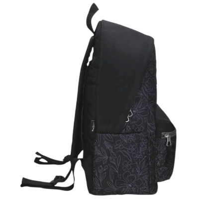 Mochila preta com padrão floral cinza e bolsos laterais