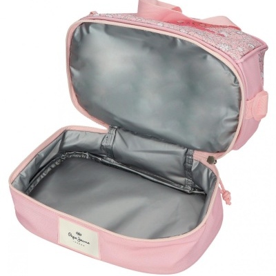 Mala térmica rosa com interior prateado aberta e etiqueta Pepe Jeans