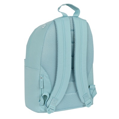 Mochila azul claro vista de trás com alças acolchoadas e bolso com fecho