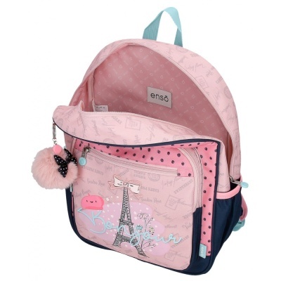 Mochila infantil rosa e azul com chaveiro de pompom e estampa da Torre Eiffel