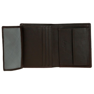 Carteira em pele castanha escura com várias divisórias e bolso em rede cinzenta