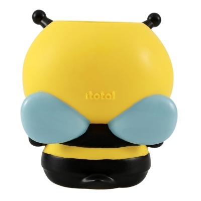 Figura decorativa de abelha amarela, preta e azul claro vista de costas