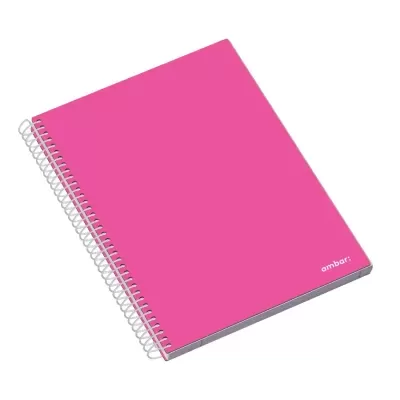 Caderno espiral cor de rosa com texto 'ambar.' no canto inferior direito