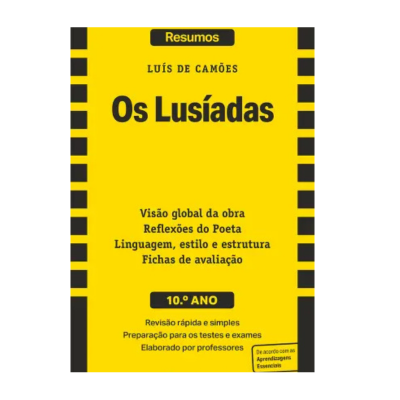 Capa amarela e preta do livro 'Os Lusíadas' de Luís de Camões com texto informativo.