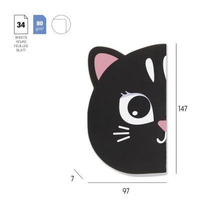 Caderno capa com rosto de gato preto e rosa, 34 folhas