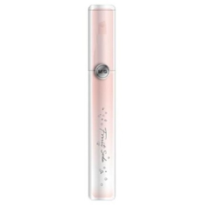 Dispositivo cilíndrico rosa e branco com botão metálico e texto Fruit Scent
