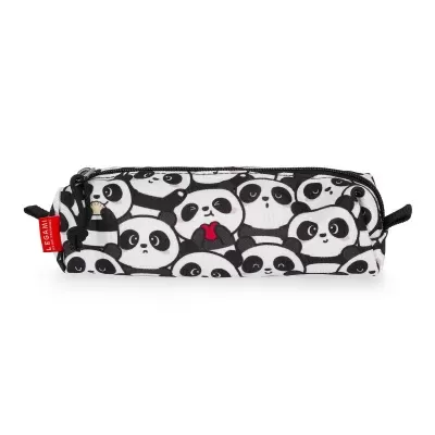 Estojo escolar com padrão de pandas e fecho preto