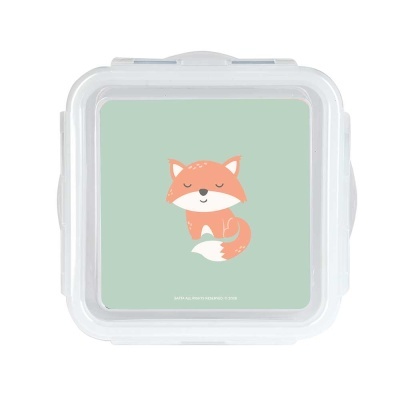 Caixa de plástico com tampa verde e raposa ilustrada
