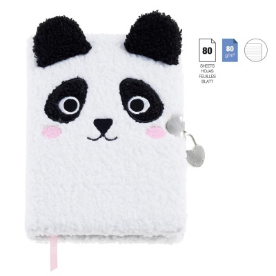 Caderno com capa felpuda com rosto de panda e fecho com cadeado.