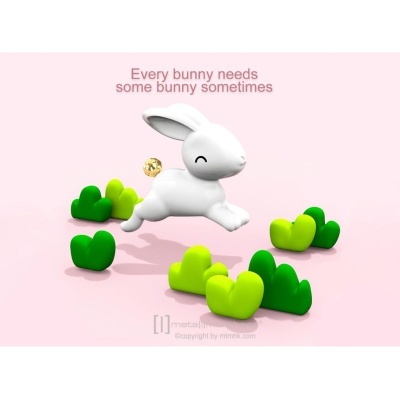 Figura de coelho branco salto com formas verdes em fundo rosa e texto em inglês.