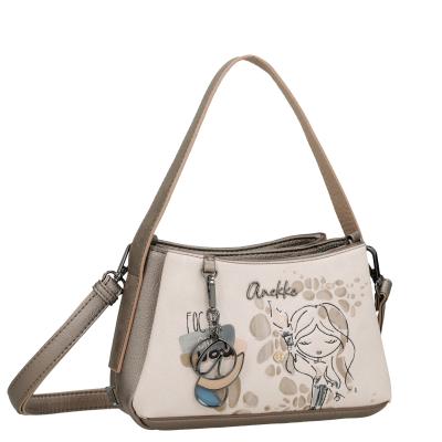 Mala de mão Anekke bege e castanha com pendente decorativo e desenho de rapariga